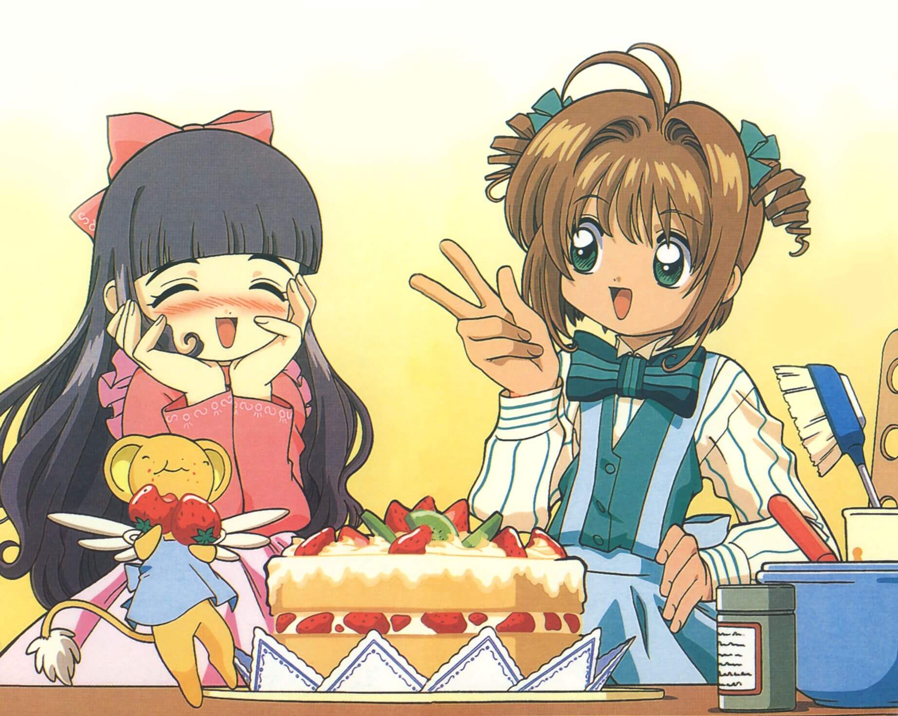 Tomoyo, Cerberus and Sakura from Card Captor Sakura eating a cake